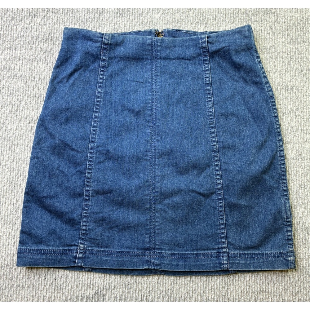 Free People Denim Mini Skirt Womens Size 6 Blue Stretch Back Zip Seamed Bodycon